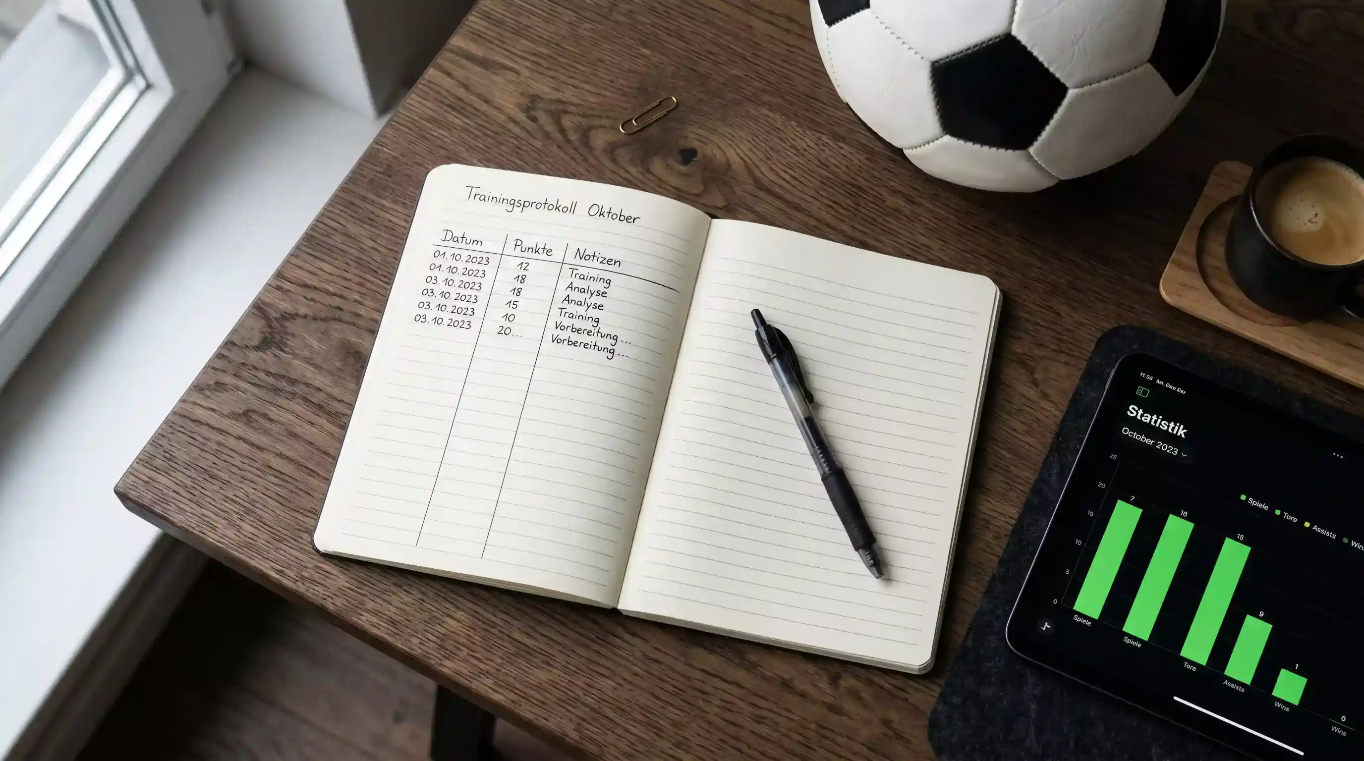 Geordnetes Wetttagebuch mit notierten Einsätzen, Quoten und Ergebnissen neben einem Fußball
