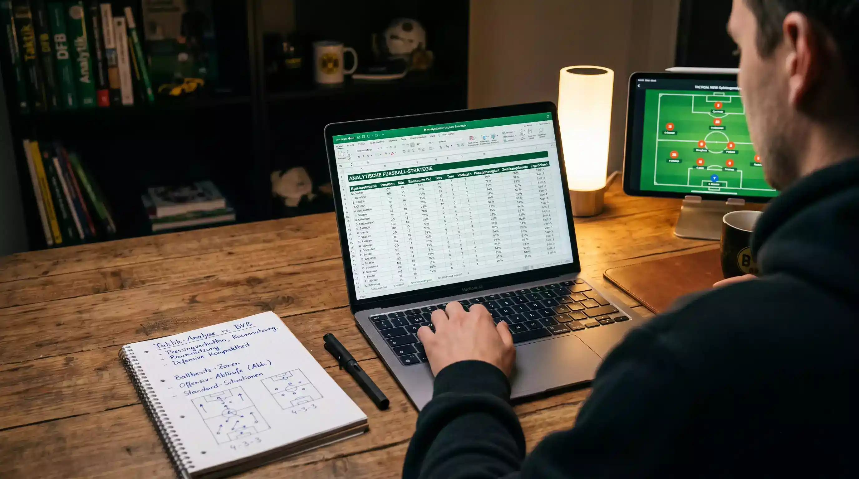 Analyst bewertet Fußball-Wettquoten auf einem Laptop mit Statistiken und Ligadaten